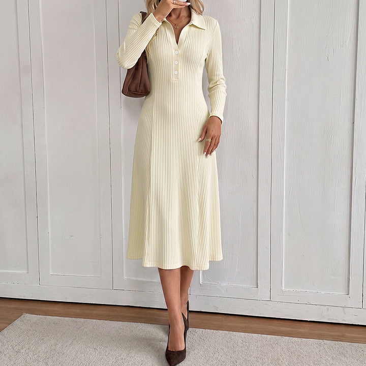 Women's Elegant Long Sleeve Dress with Polo Collar Mune Fashion