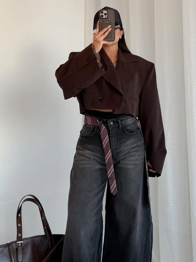 Women Cropped Boxy Short Blazer with Boxy Silhouette and Extra Long Sleeves Mune Fashion