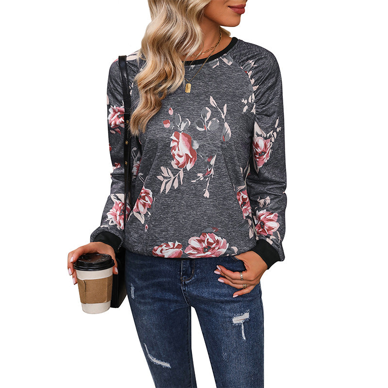Women's Casual Raglan Sweatshirt with Floral Print and Ribbed Cuffs Mune Fashion