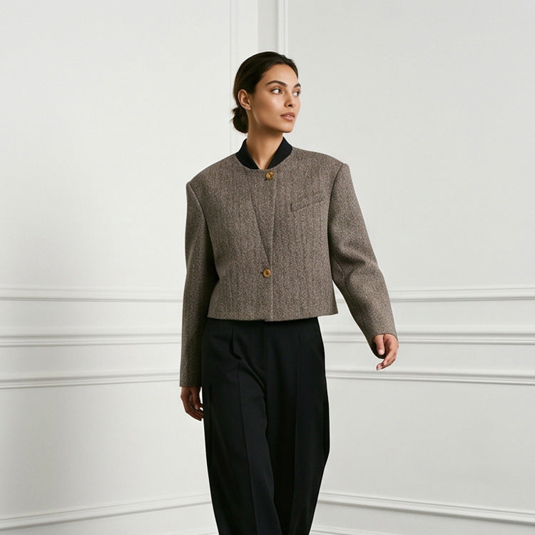 Ladies Short Cut Wool Blazer with Stand-up Collar and Herringbone Pattern Mune Fashion