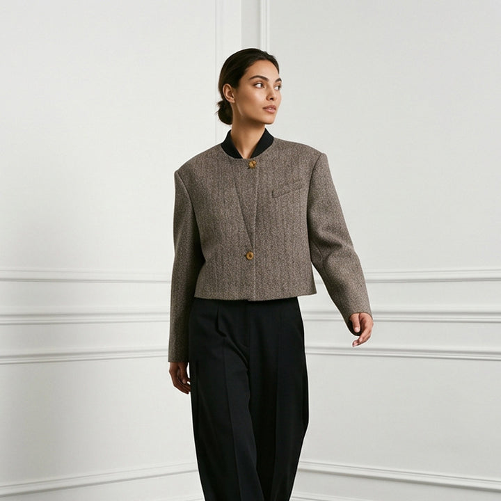 Ladies Short Cut Wool Blazer with Stand-up Collar and Herringbone Pattern Mune Fashion