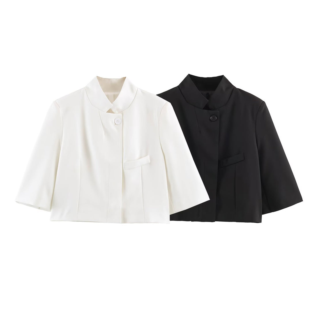 Women Elegant Cropped Jacket with Standing Collar, Concealed Button Placket and 3/4 Sleeves Mune Fashion