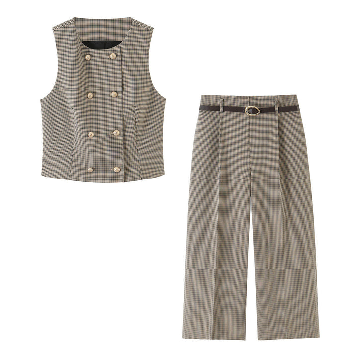Women’s wide fabric trousers with high waist, Glencheck, crease and narrow waist belt Mune Fashion