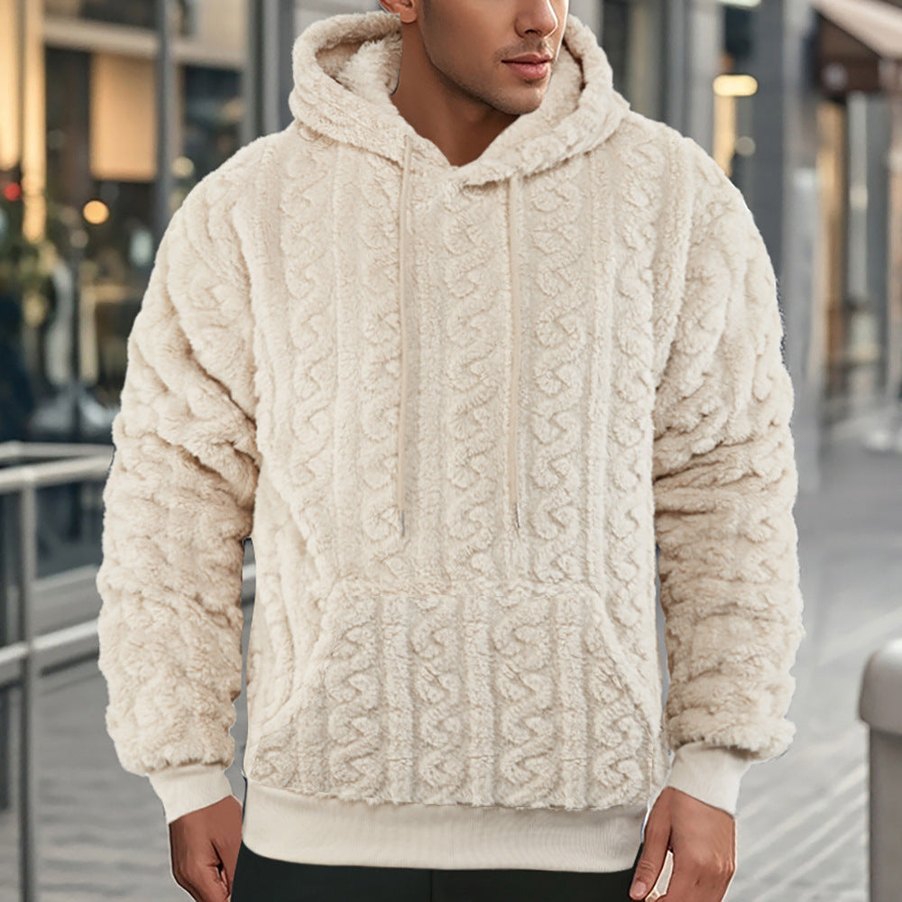 Men's fluffy sherpa hoodie with cable knit pattern, kangaroo pocket and ribbed cuffs Mune Fashion