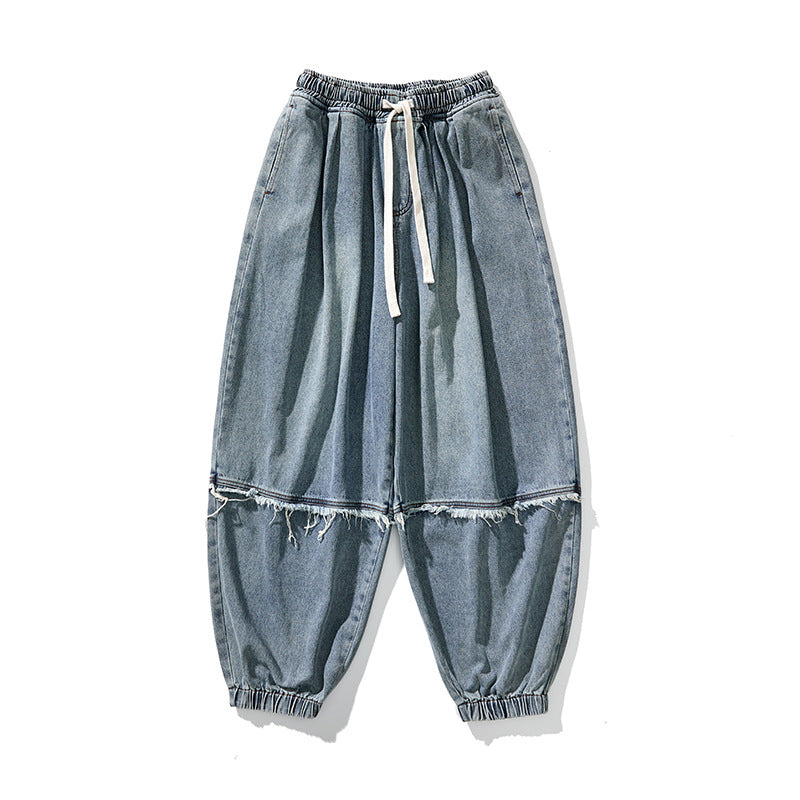 Men Wide-cut Baggy Denim Pants with Drawstring, Elastic Leg Openings and Fringed Detail Mune Fashion
