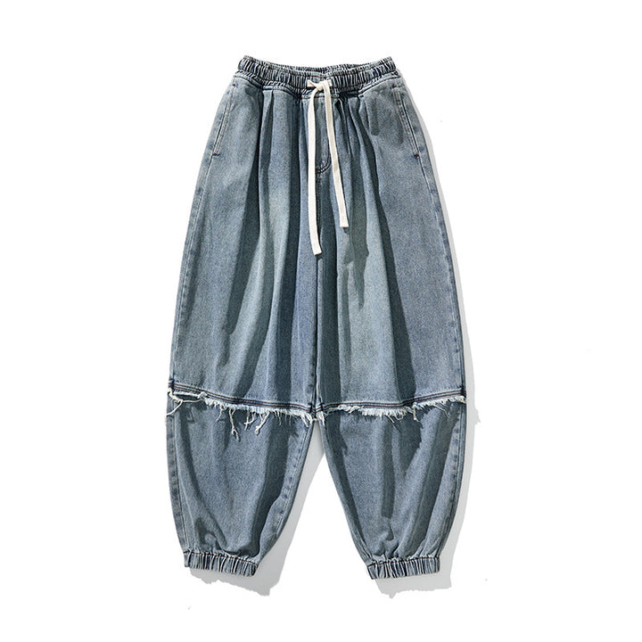 Men Wide-cut Baggy Denim Pants with Drawstring, Elastic Leg Openings and Fringed Detail Mune Fashion