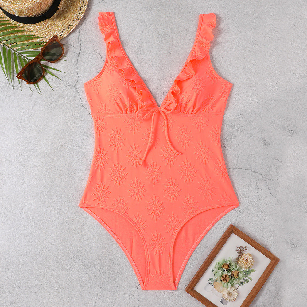 Women One-Piece Swimsuit with Playful Ruffle Details and Elegant Tie Band Mune Fashion