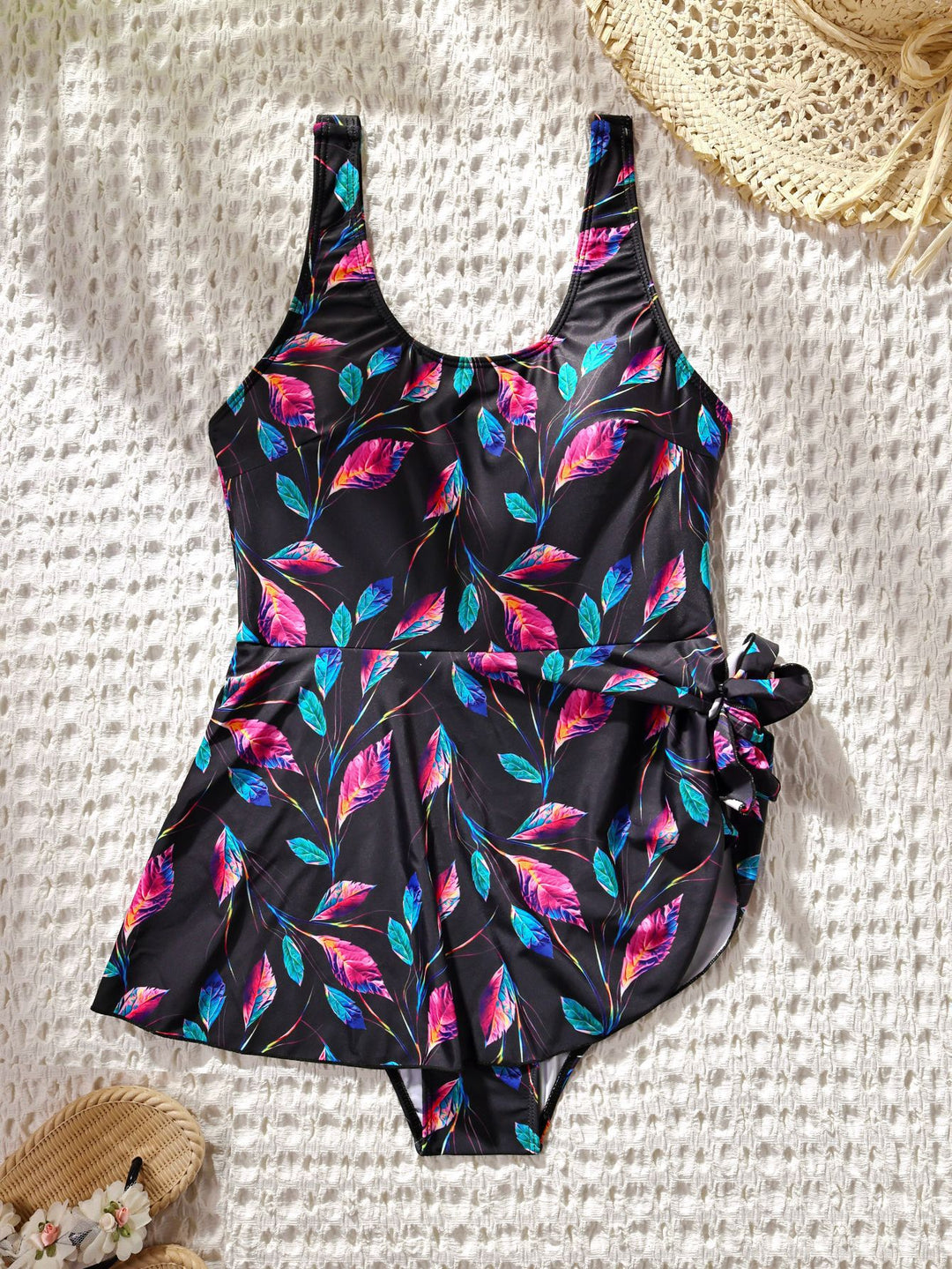 Women's One-Piece Swimsuit with Floral Design and Wrap Skirt Mune Fashion