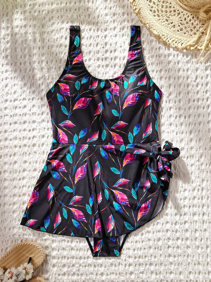 Women's One-Piece Swimsuit with Floral Design and Wrap Skirt Mune Fashion