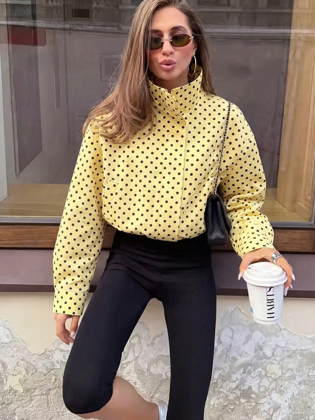 Women Polka-Dot Stand Collar Blouse with Oversized Balloon Sleeves Mune Fashion