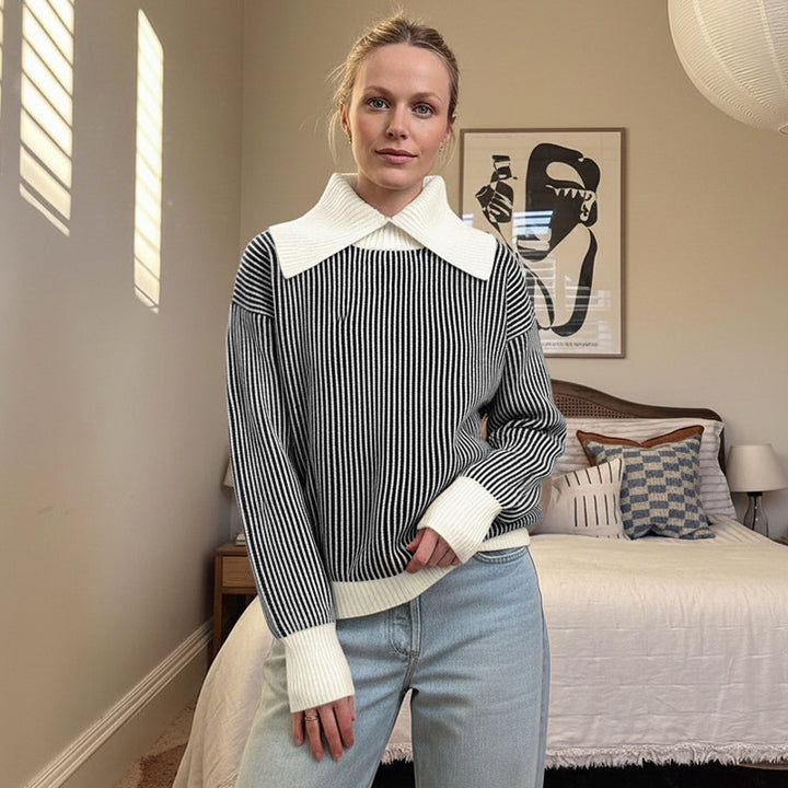 Women's Striped Knit Sweater with Oversized Contrast Collar Mune Fashion