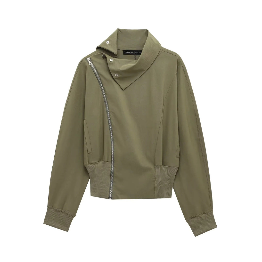 Women 50+ asymmetrical utility bomber jacket with funnel neck and wide ribbed waistband Mune Fashion