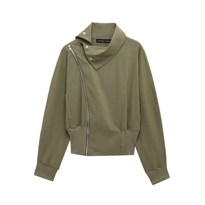 Women 50+ asymmetrical utility bomber jacket with funnel neck and wide ribbed waistband Mune Fashion
