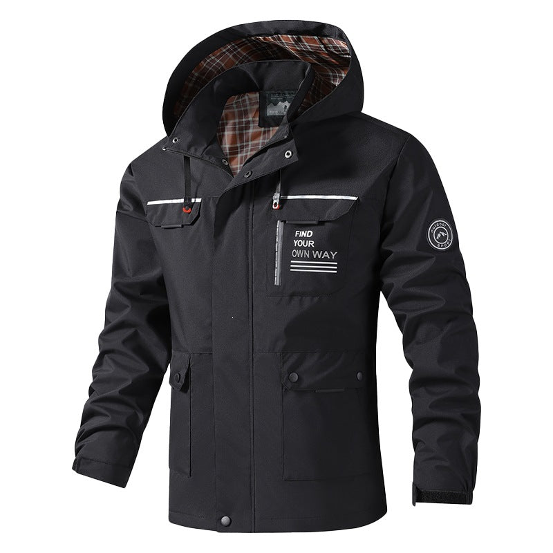 Men's Breathable Water-Resistant Hooded Outdoor Jacket with Checked Lining, Multifunctional Pockets & Adjustable Hood Mune Fashion