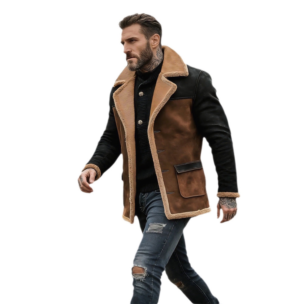Men's Long Faux Shearling Coat with Shawl Collar, Contrast Sleeves, and Flap Pockets Mune Fashion