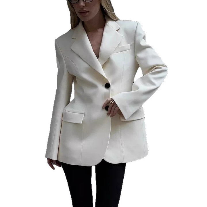 Women's Oversized Long Blazer with Emphasized Shoulder Area and Flap Pockets Drune