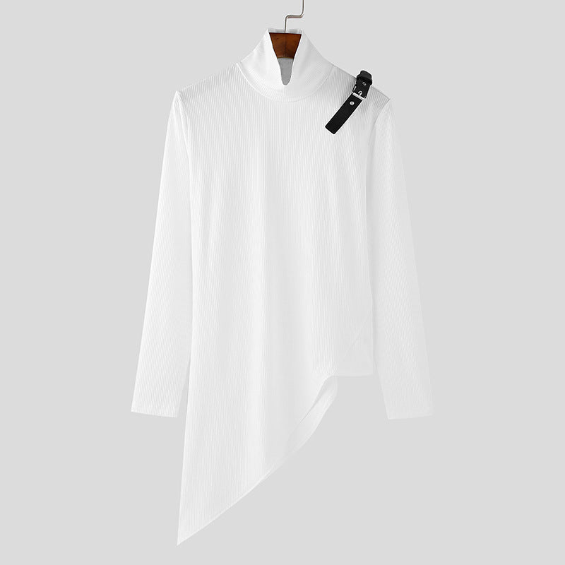 Women's asymmetrical long sleeve top made of fine knit with stand-up collar, diagonal hem, and adjustable shoulder strap Mune Fashion