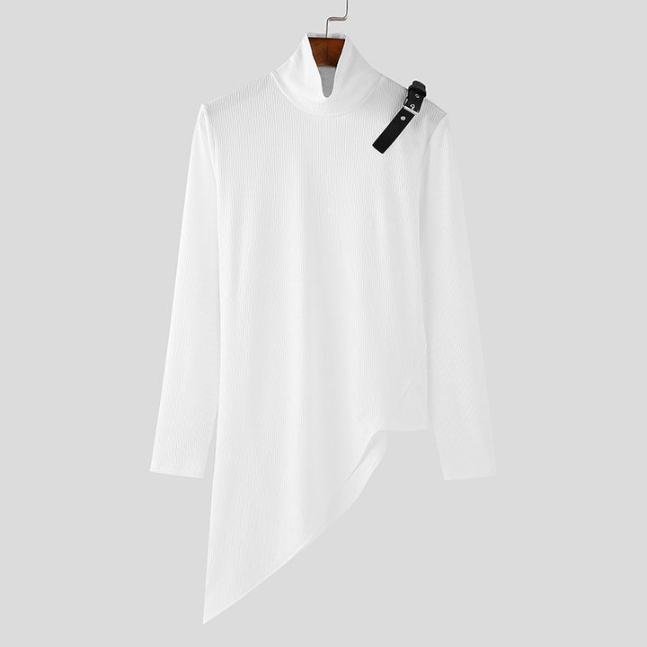 Women's asymmetrical long sleeve top made of fine knit with stand-up collar, diagonal hem, and adjustable shoulder strap Mune Fashion