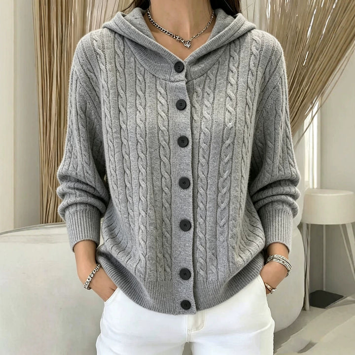 Women's Hooded Cardigan with Cable Pattern and Full Button Placket Mune Fashion