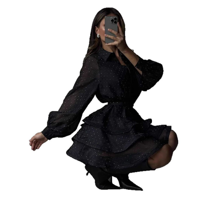 Women Transparent Ruffle Mini Dress with Shirt Collar, Balloon Sleeves and Waist Belt Mune Fashion