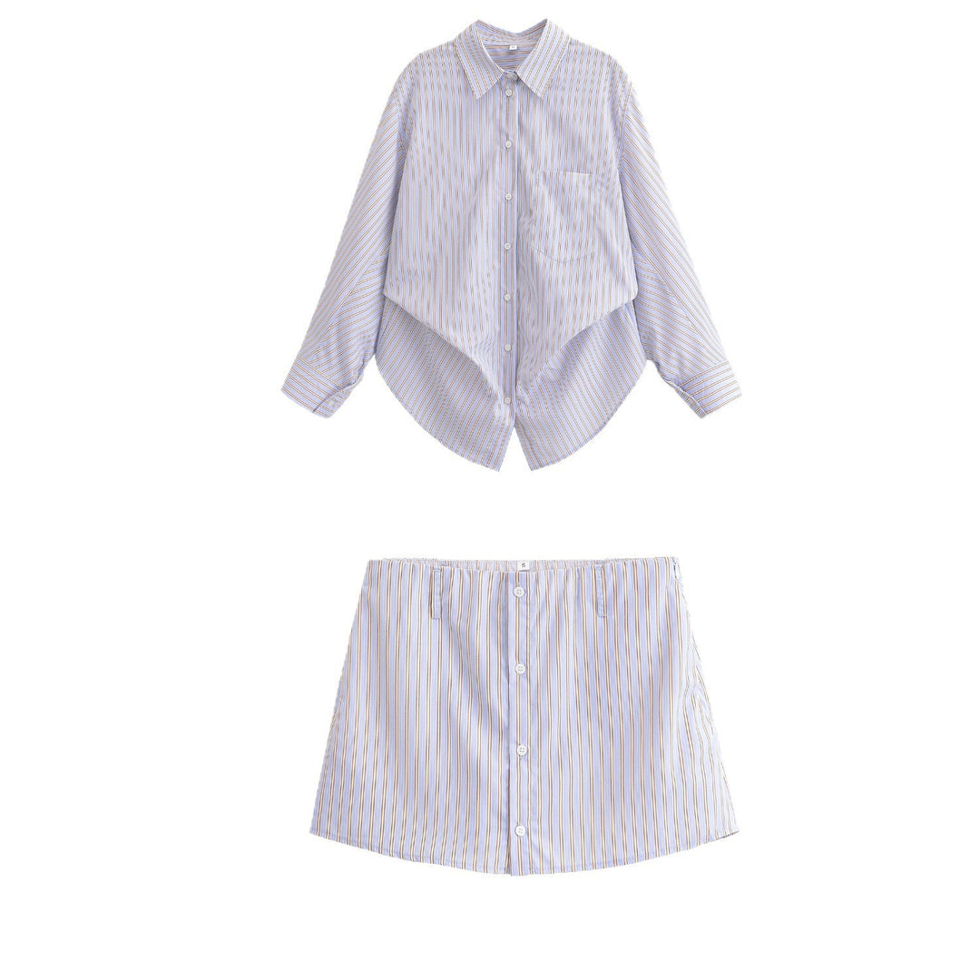 Women's Oversize Shirt Blouse with fine vertical stripes, chest pocket and rounded hem Mune Fashion