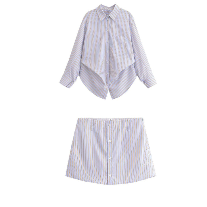 Women's Oversize Shirt Blouse with fine vertical stripes, chest pocket and rounded hem Mune Fashion