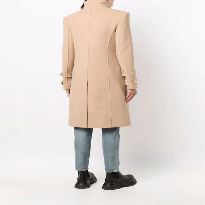 Ladies Elegant Wool Blend Long Coat in Marine Inspired Double Breasted with Oversized Shawl Collar and Decorative Sleeves Mune Fashion