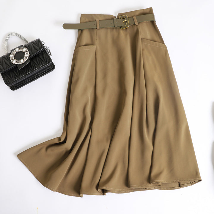 Women's high-waisted flared midi skirt with wide decorative belt, side pockets and flowing drape Mune Fashion