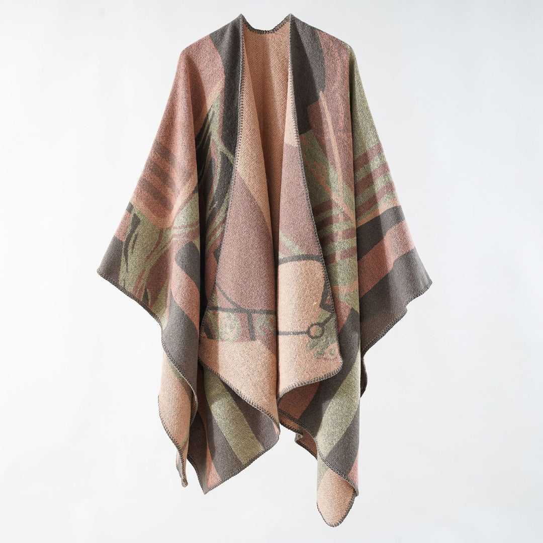 Women's Ruana wrap in coarse wool blend with graphic block design and overlock hem Mune Fashion