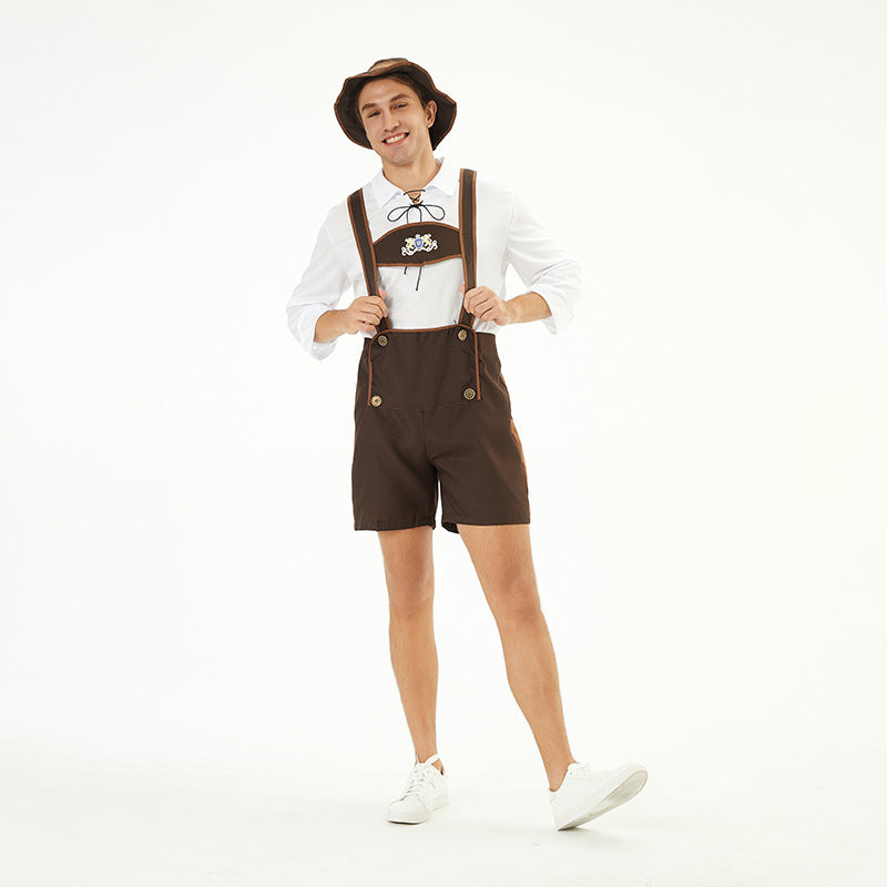 Men's traditional short leather pants with adjustable straps and decorative bib Mune Fashion