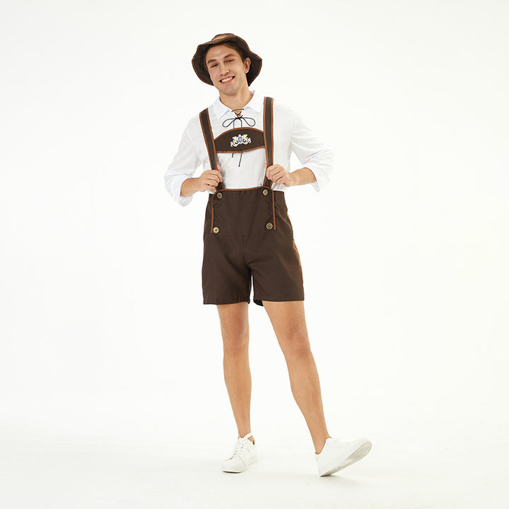 Men's traditional short leather pants with adjustable straps and decorative bib Mune Fashion