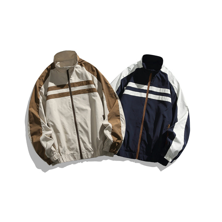 Unisex Sportive Track Jacket in Retro Windbreaker Design with Stand-Up Collar and Contrast Stripes Mune Fashion