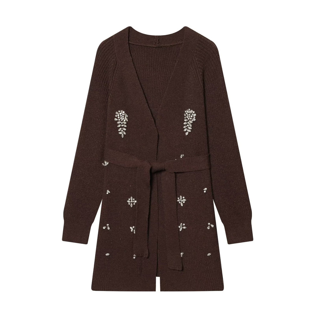 Women's Long Cardigan with Tie Belt and Gemstone Application Mune Fashion