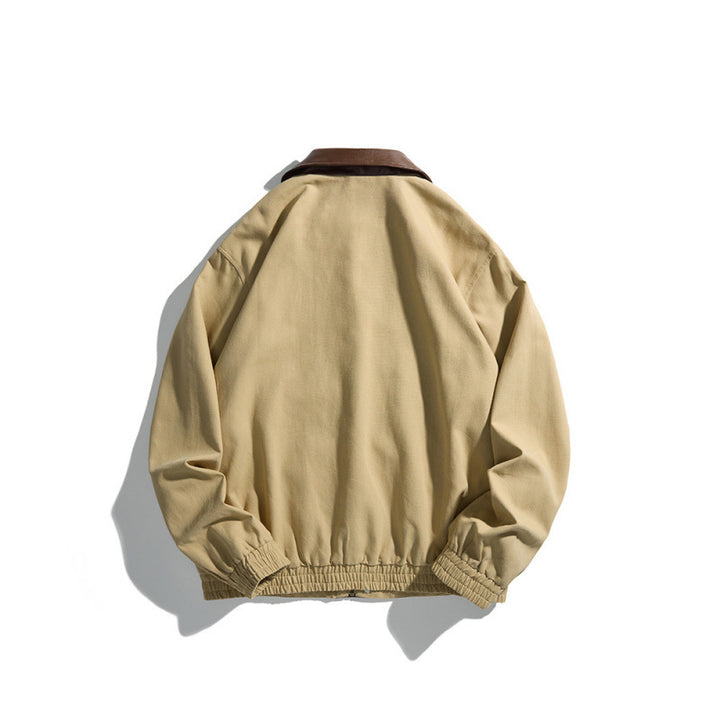 Men's short-cut blouson jacket with faux leather collar, snap button placket, and elastic cuffs Mune Fashion