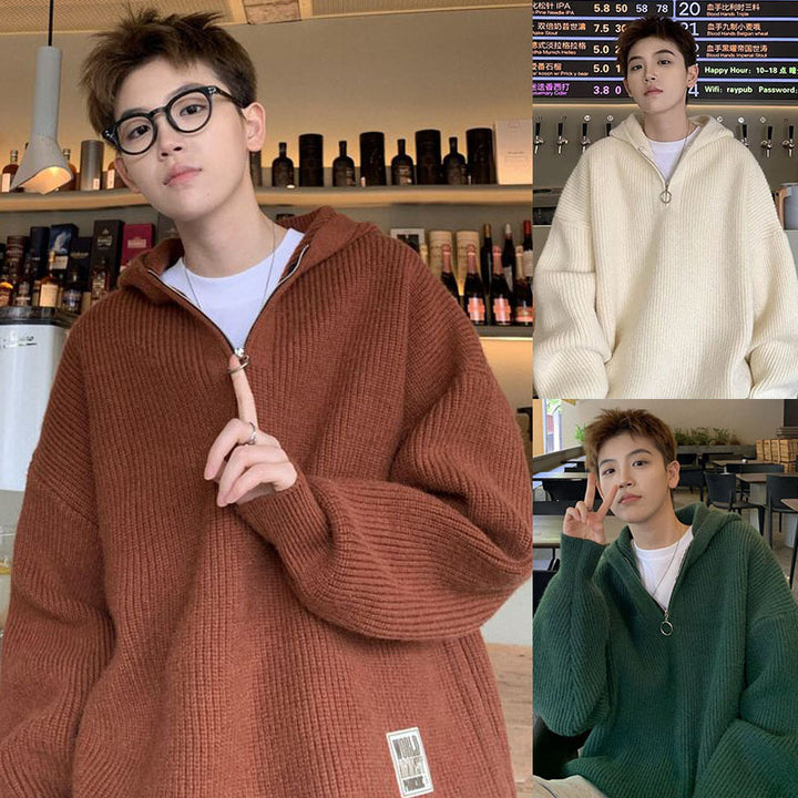 Men's chunky knit pullover with hood and zipper Mune Fashion