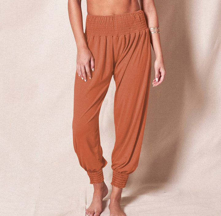 Women's Loose Harem Pants with High Smocked Waistband and Crumpled Ankle Cuffs Mune Fashion