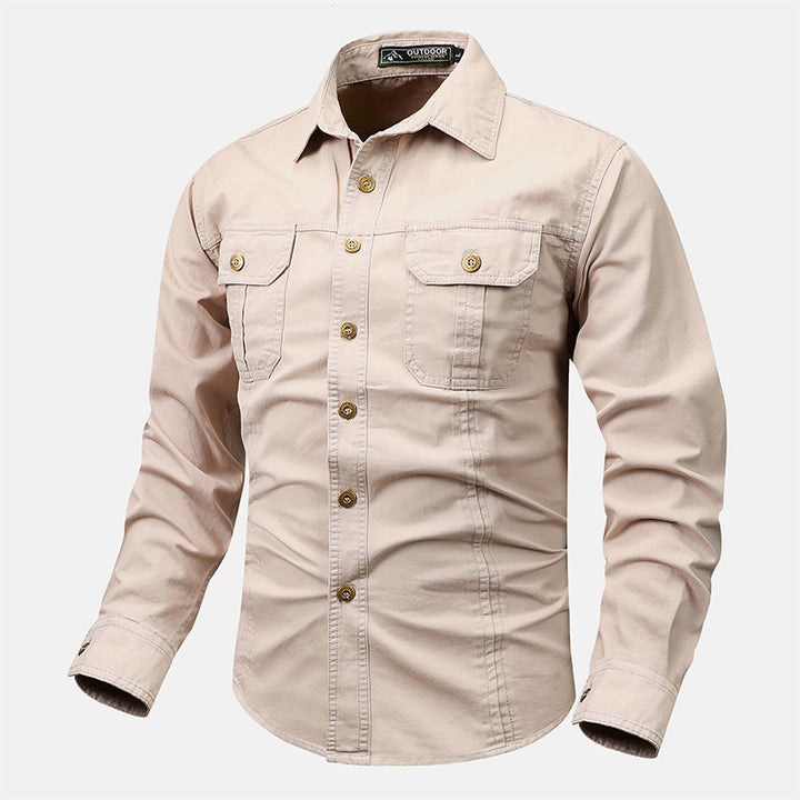 Men's rugged canvas shirt with double breast pockets and continuous button placket