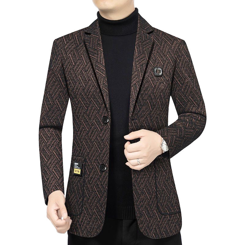 Men's Tailored Wool Look Blazer with Soft Faux Fur Lining and Herringbone Pattern Mune Fashion
