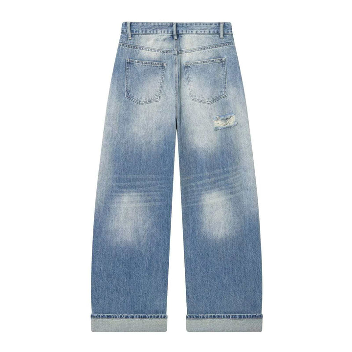 Women non-wide High-Waist Ripped Jeans with Straight-Leg, rolled hem and classic pockets Mune Fashion