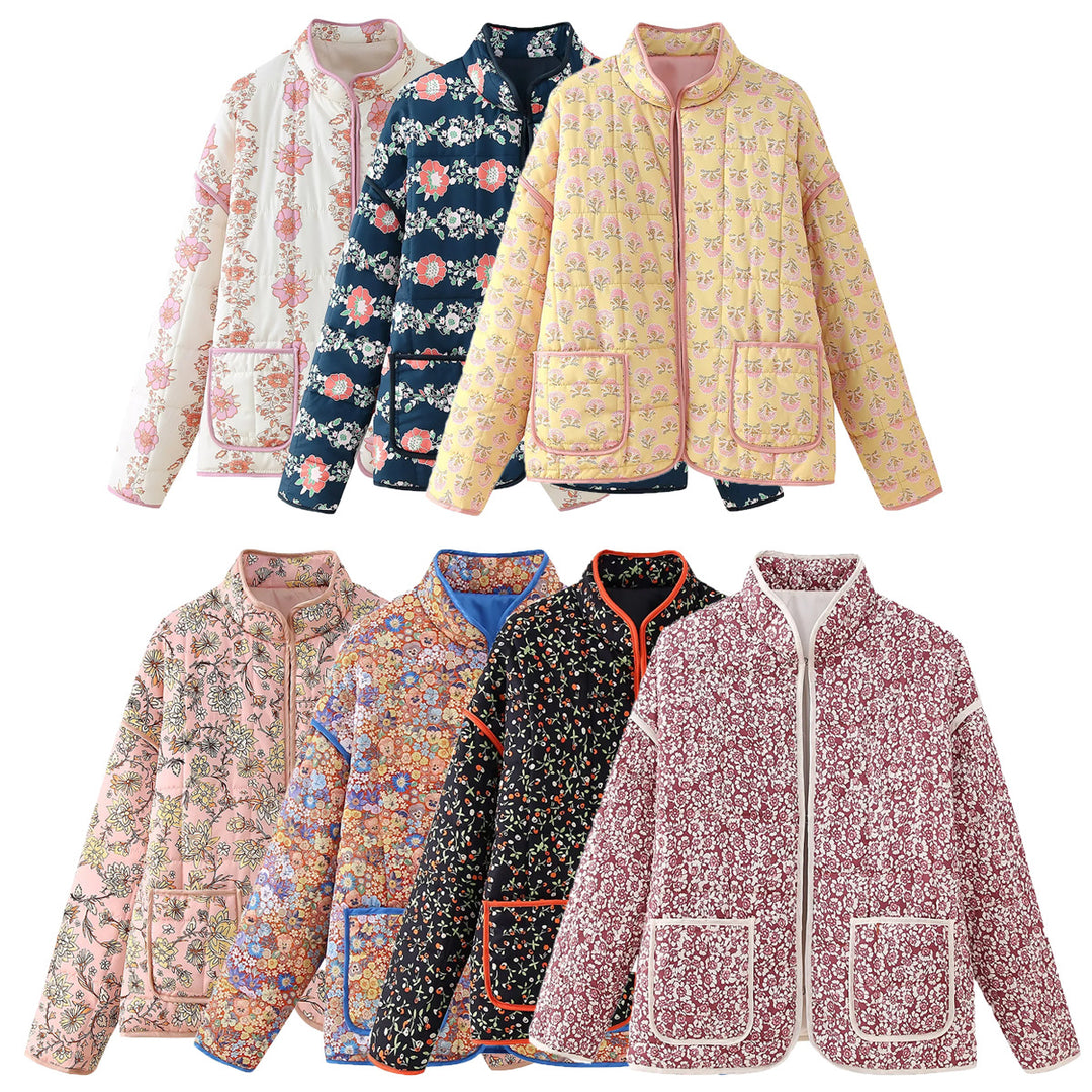 Women's quilted floral jacket with stand-up collar, zipper, and patch pockets Mune Fashion