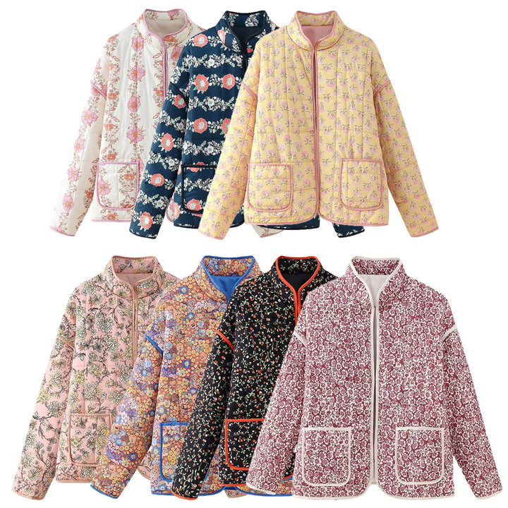 Women's quilted floral jacket with stand-up collar, zipper, and patch pockets Mune Fashion