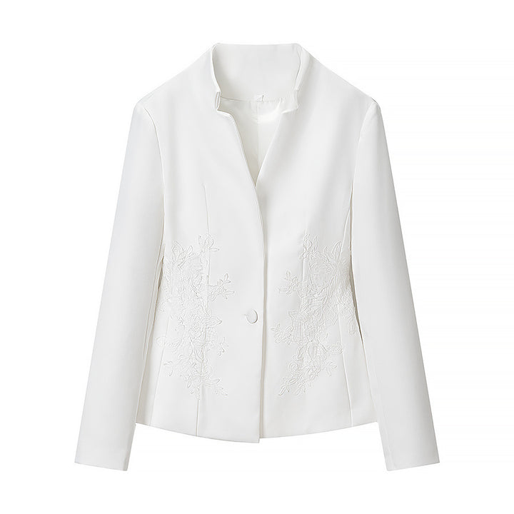 Women's Tailored Short Jacket with Stand Collar and Floral Embroidery Mune Fashion