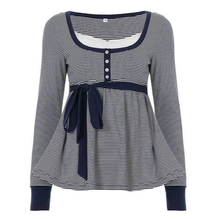 Women’s maternity and nursing blouse with empire seam, button placket, and tie belt Mune Fashion
