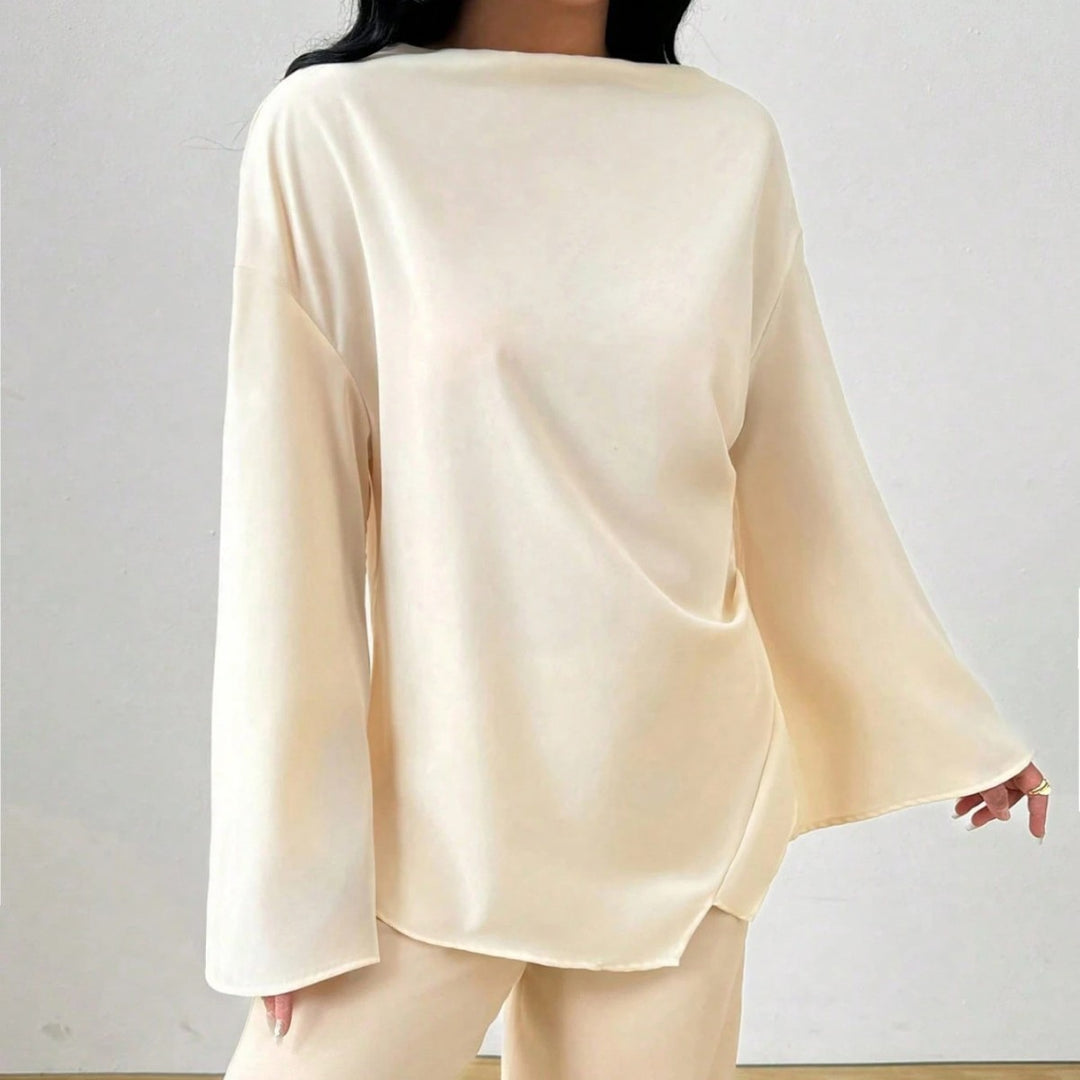 Women oversized satin tunic with boat neck and wide trumpet sleeves Mune Fashion