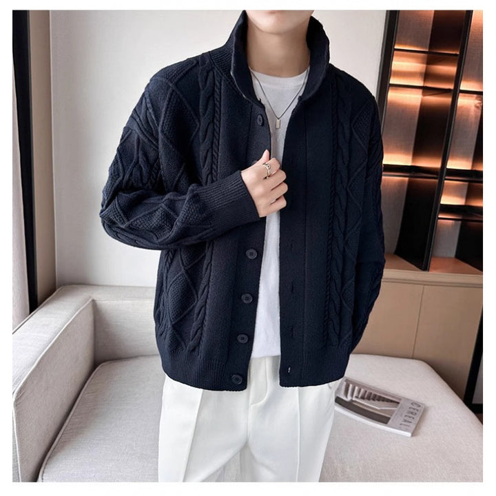 Men's Loose Knit Cardigan with High Stand-up Collar and Cable Pattern Mune Fashion