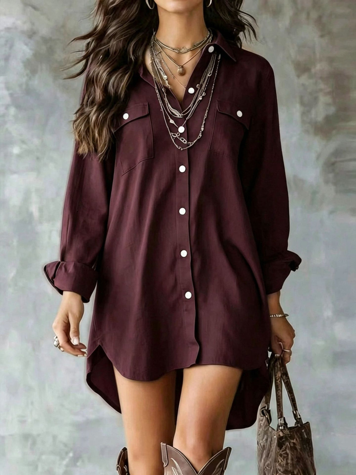 Women Loose Longline Shirt with Chest Pockets and High Hem Mune Fashion