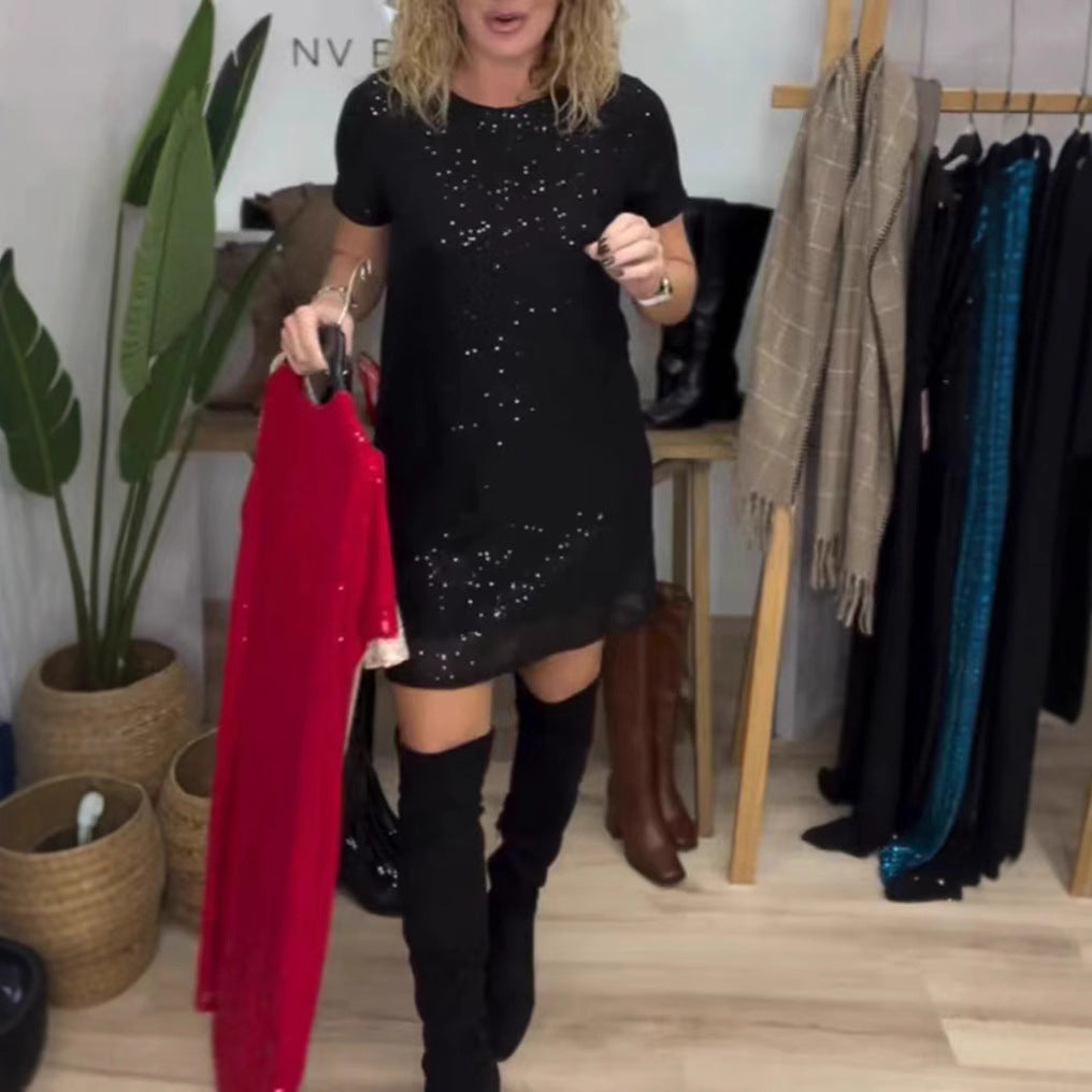 Women's sparkling shift mini dress with sequin trim and transparent hem Mune Fashion