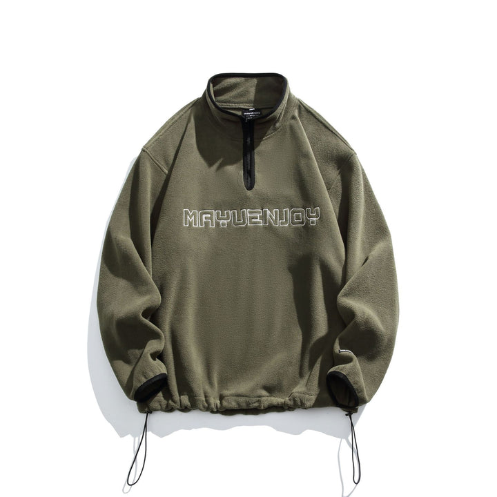 Unisex Fleece-Half-Zip Pullover with Stand-up Collar, Drawstring Hem and Logo Embroidery Mune Fashion