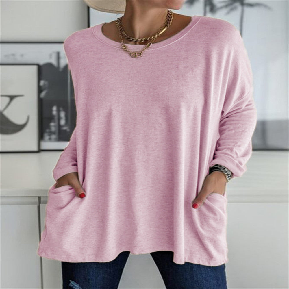 Women's oversized long sleeve tunic with round neckline, drop shoulder and patch pockets Mune Fashion