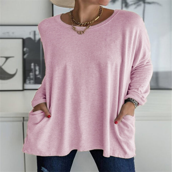 Women's oversized long sleeve tunic with round neckline, drop shoulder and patch pockets Mune Fashion